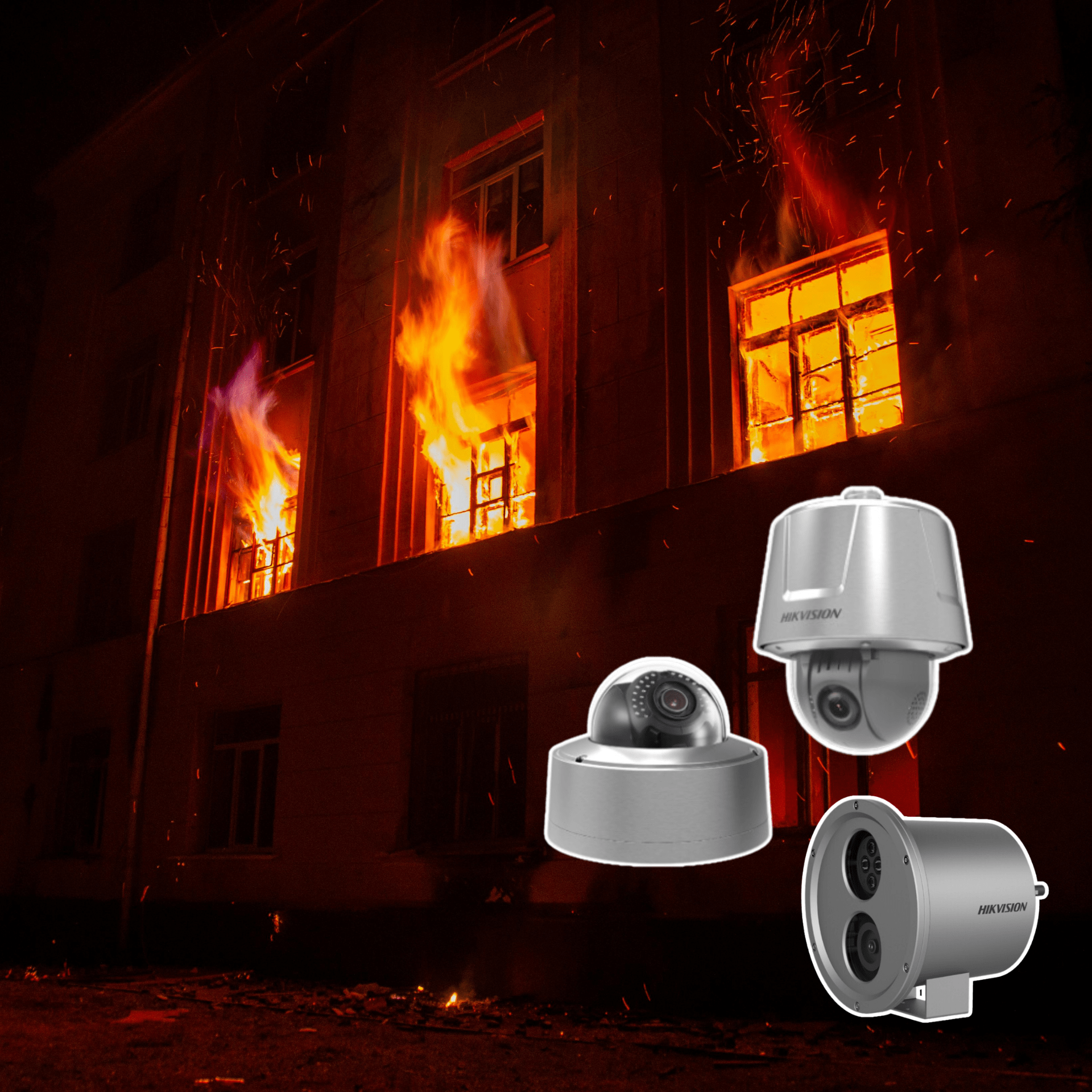 Illustration of safety and security solutions including fire detection, CCTV, burglar alarms, electric fences, automatic gates, and access control systems